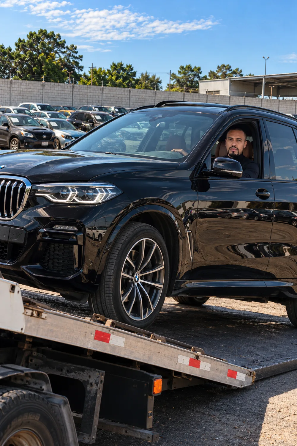 Melki Basilio no pátio de leilão com um SUV sobre o caminhão-prancha