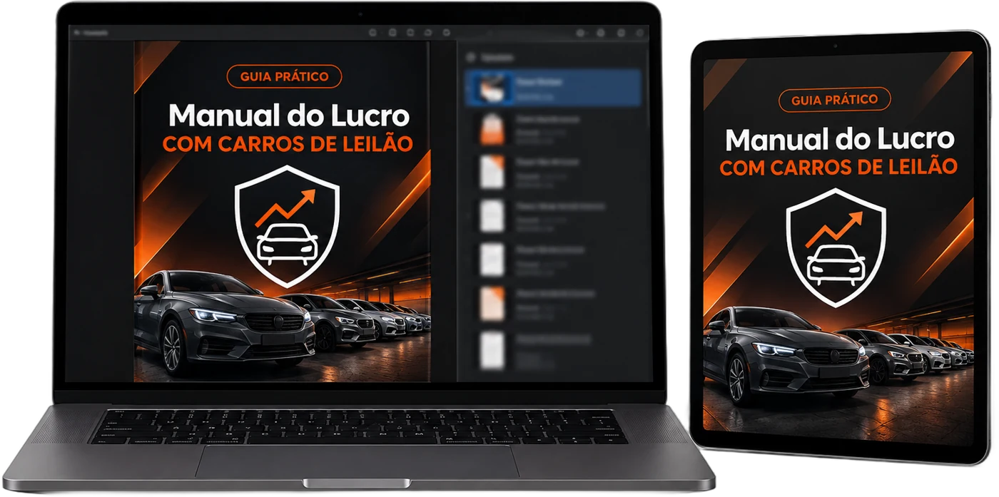 Manual do Lucro com Carros de Leilão no notebook e no tablet